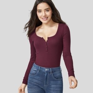 HALARA Ribbed Henley Neck Long Sleeve Slim Casual Top